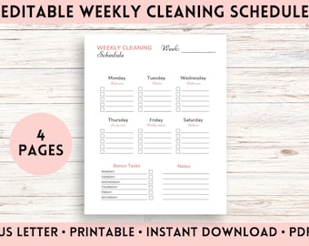 Editable Weekly Cleaning Schedule, Cleaning Checklist Printable PDF, Fillable Cleaning Planner, Printable Cleaning to Do List