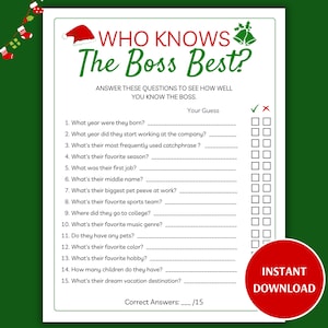 Office Holiday Quién conoce al jefe Mejor juego, Juegos de fiesta de oficina imprimibles, Qué tan bien conoces al jefe, Juegos de fiesta de Navidad