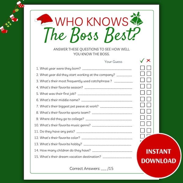 Office Holiday Who Knows the Boss Best Game, Printable Office Party Games, How Well Do You Know the Boss, Christmas Party Games