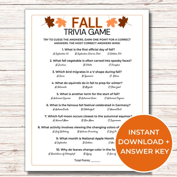 Fall Trivia Game, Fall Printable Games, Fun Fall Activities for Adults and Kids, Autumn Themed Quiz