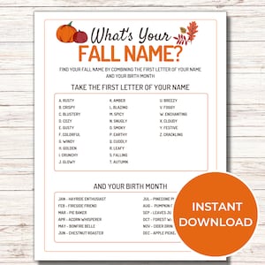 What&#39;s Your Fall Name Game, Printable Fall Party Games, Fall Name Generator Game, Fun Fall Activities for Adults and Kids