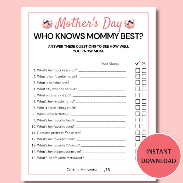 Mother's Day Who Knows Mommy Best, Printable Mother's Day Game, Who Knows Mom Best, Questions about Mommy