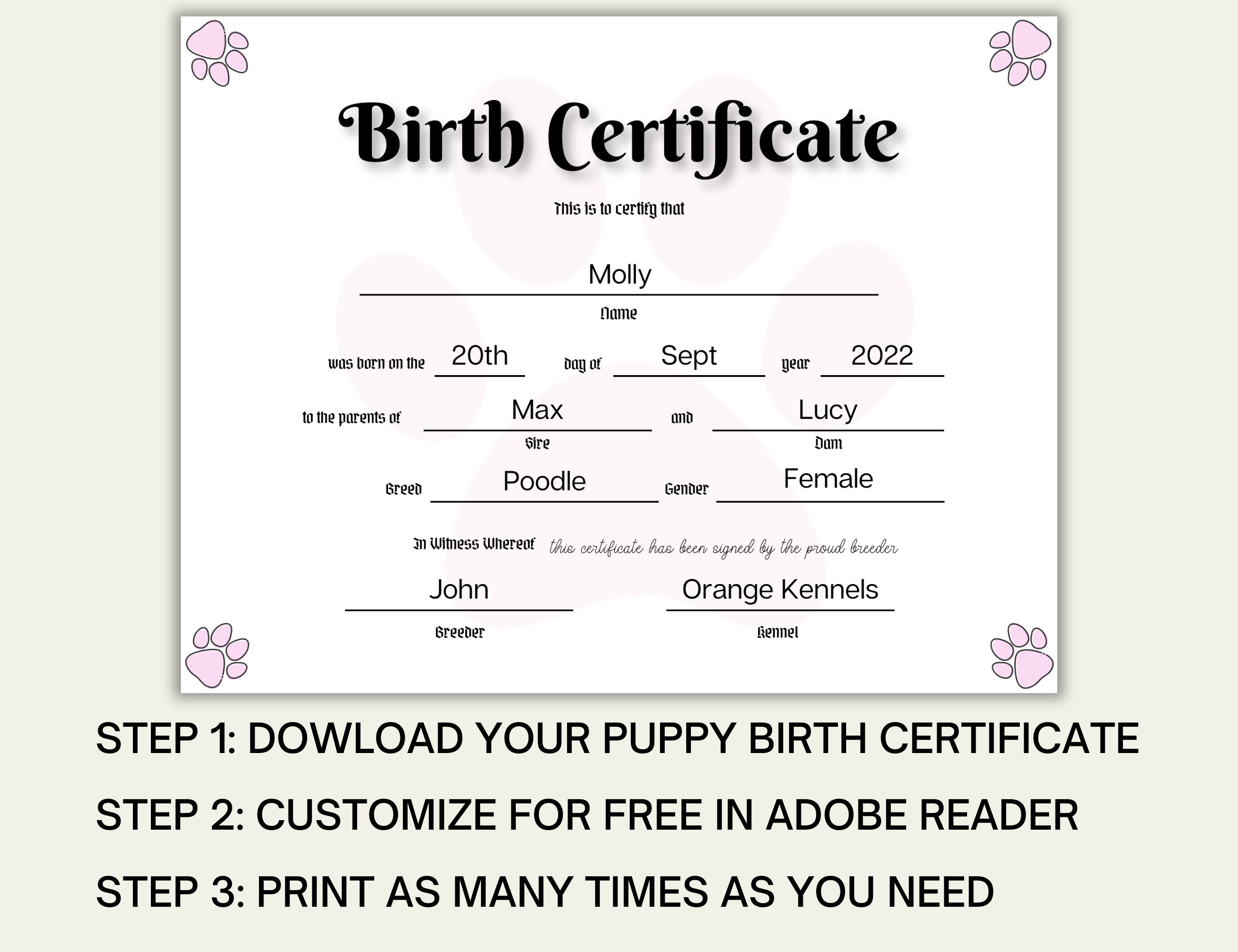 Puppy Birth Certificate Editable PDF, Dog Birth Certificate, Pet Birth Puppy Birth Certificate Editable PDF, Dog Birth Certificate, Pet Birth