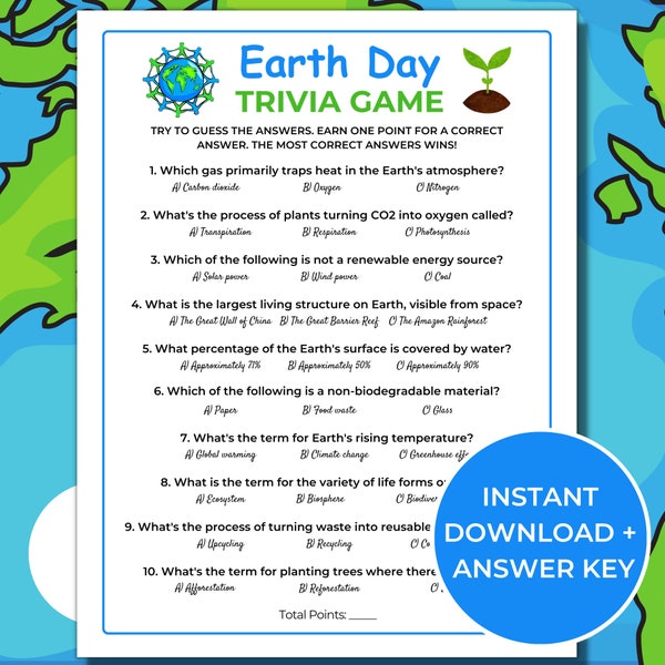 Earth Day Trivia Game, Printable Earth Day Games, Fun Earth Day Activity for Kids and Adults, Mother Earth Quiz