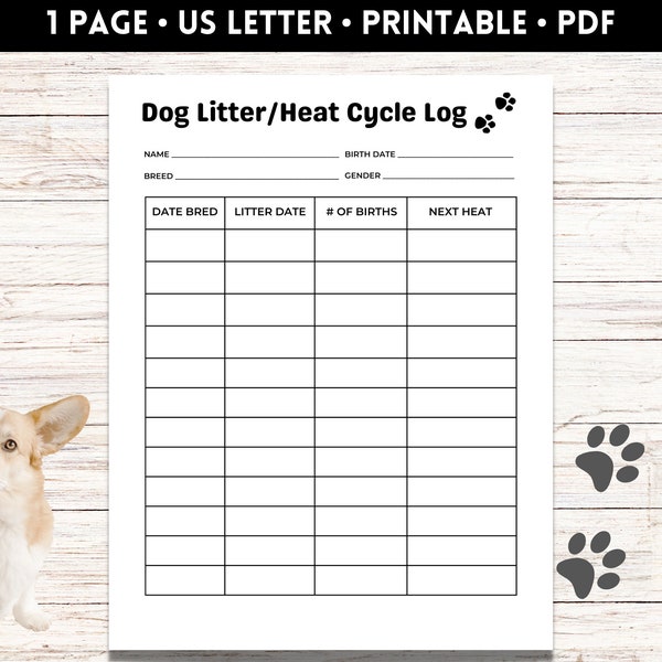 Dog Heat Cycle Log Sheet, Dog Breeder Forms, Canine Heat Cycle Record, Dog Litter Tracker, Printable PDF