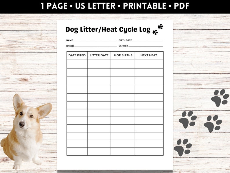 Dog Heat Cycle Log Sheet, Dog Breeder Forms, Canine Heat Cycle Record