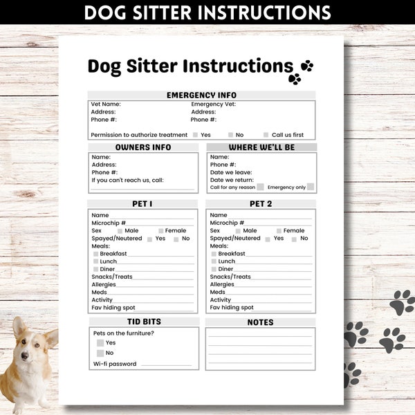 Dog Sitter Instructions, Printable Pet Sitter Instructions, Dog Sitter Notes, Dog Sitter Guide, Pet Care Form Printable PDF