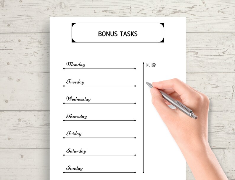 May include: A printable planner page with the title "Bonus Tasks" and a list of days of the week: Monday, Tuesday, Wednesday, Thursday, Friday, Saturday, Sunday. There is a space for notes on the right side of the page.
