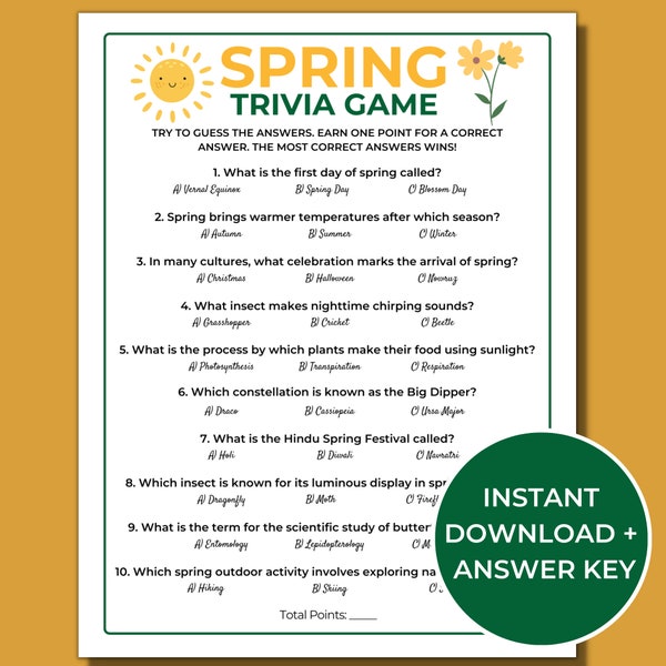 Spring Trivia Game, Printable Spring Games, Fun Spring Activities for Kids and Adults, Spring Questions and Answers