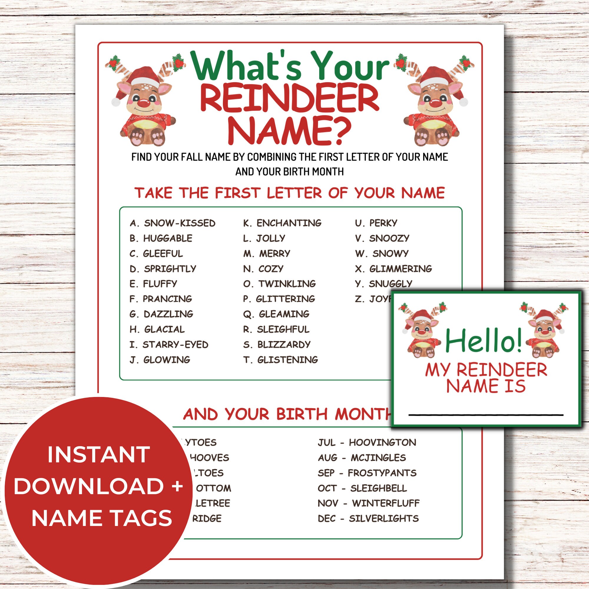 What's Your Reindeer Name Game, Printable Reindeer Name Generator Game