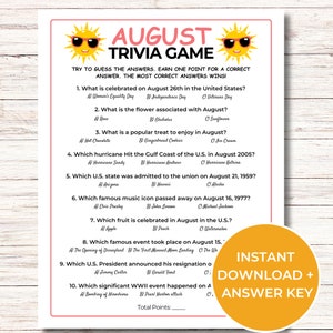 Trivia-spel augustus, afdrukbare augustusquiz, zomerfeestspel, zomeractiviteit voor kinderen en volwassenen