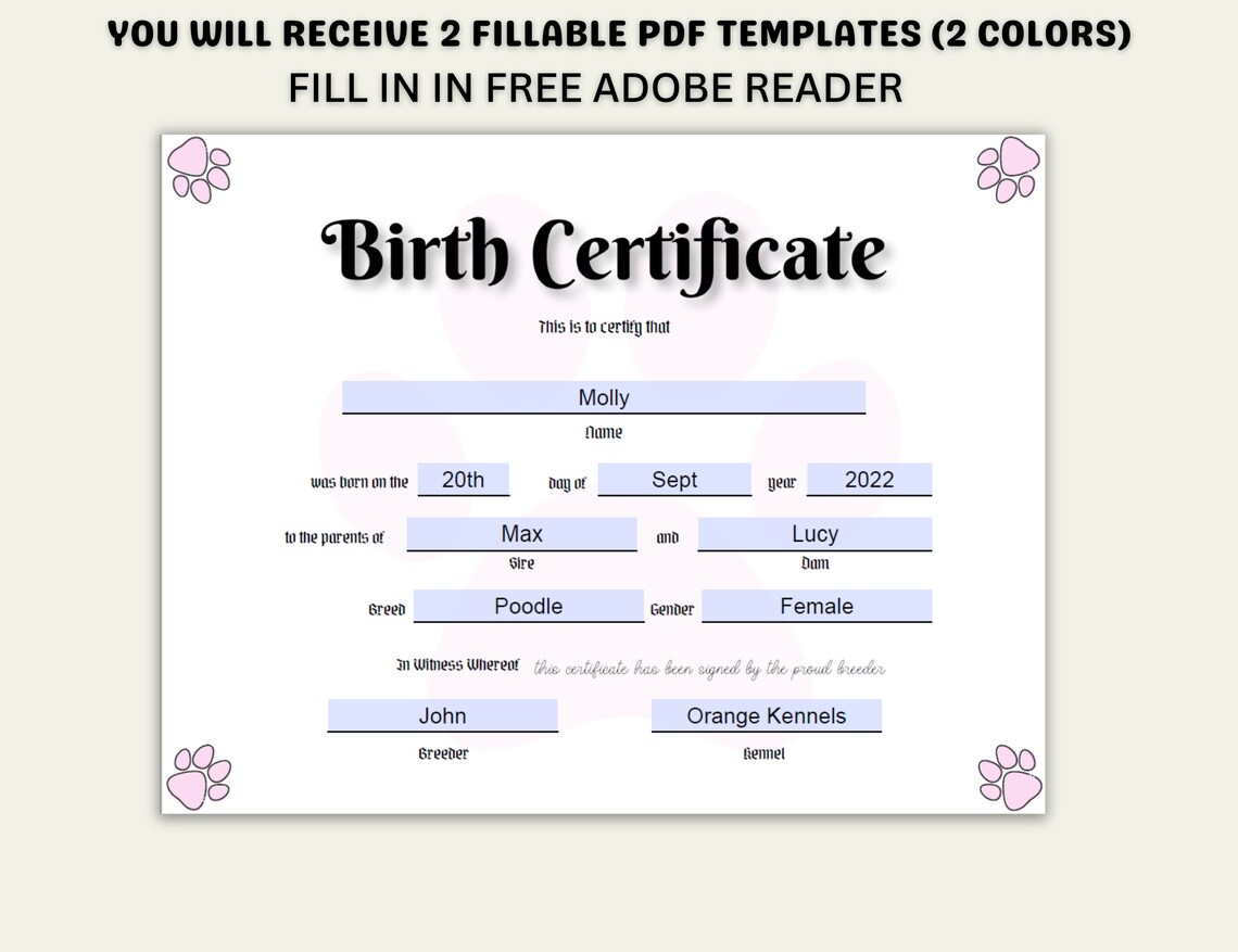 Puppy Birth Certificate Fillable PDF, Dog Birth Certificate, Pet Birth ...