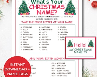 May include: A printable Christmas activity sheet with a green and red border. The sheet has a title "What's Your Christmas Name?" and instructions to find your Christmas name by combining the first letter of your name and your birth month. The sheet includes a list of Christmas-themed words and a chart with months and corresponding Christmas-themed words. The sheet also includes a blank "Hello! My Christmas Name Is" tag.