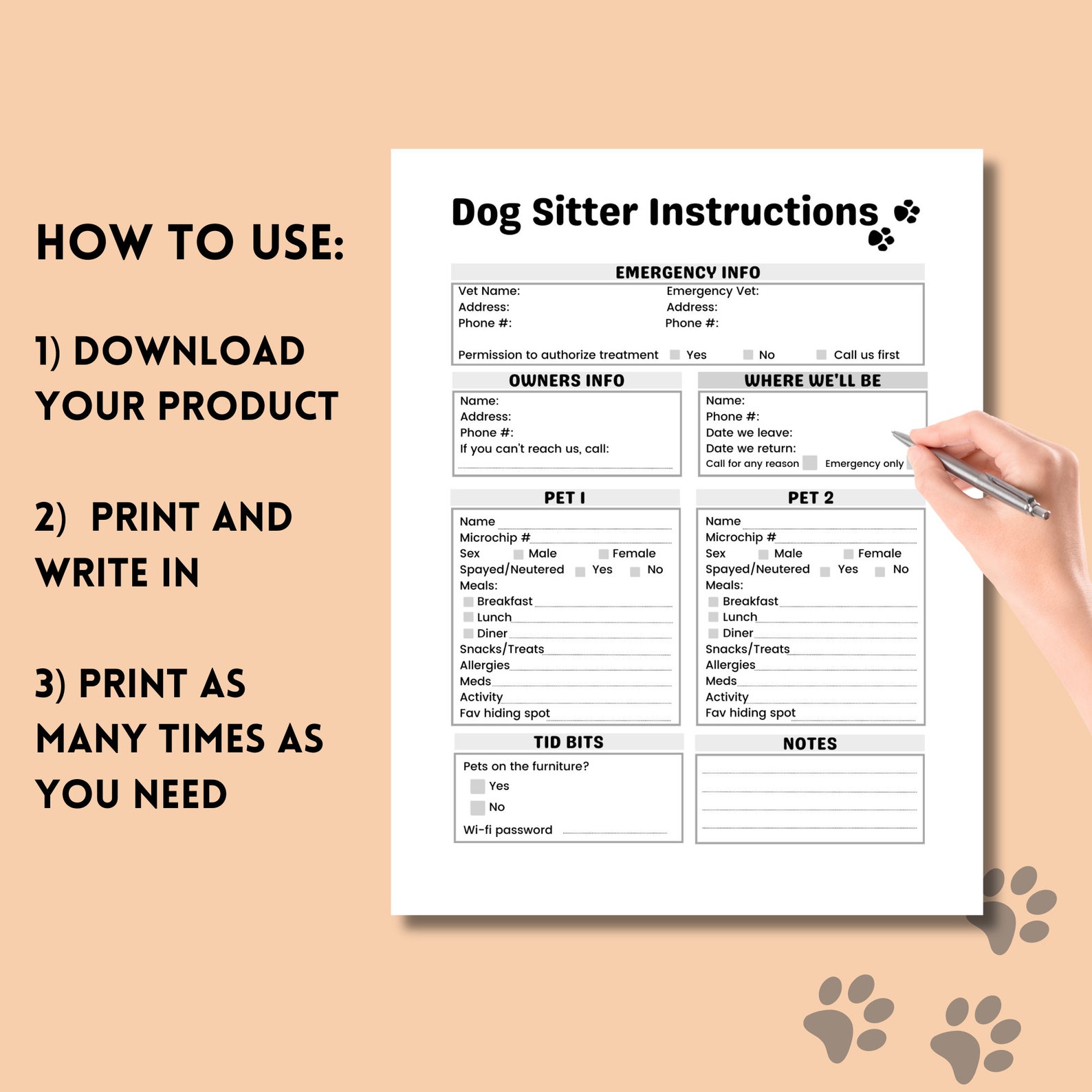 Dog Sitter Instructions, Printable Pet Sitter Instructions, Dog Sitter ...
