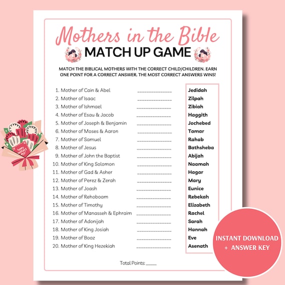 Mothers in the Bible Mother's Day Match Up Game, Printable Mother's Day Trivia, Christian Mother's Day Game