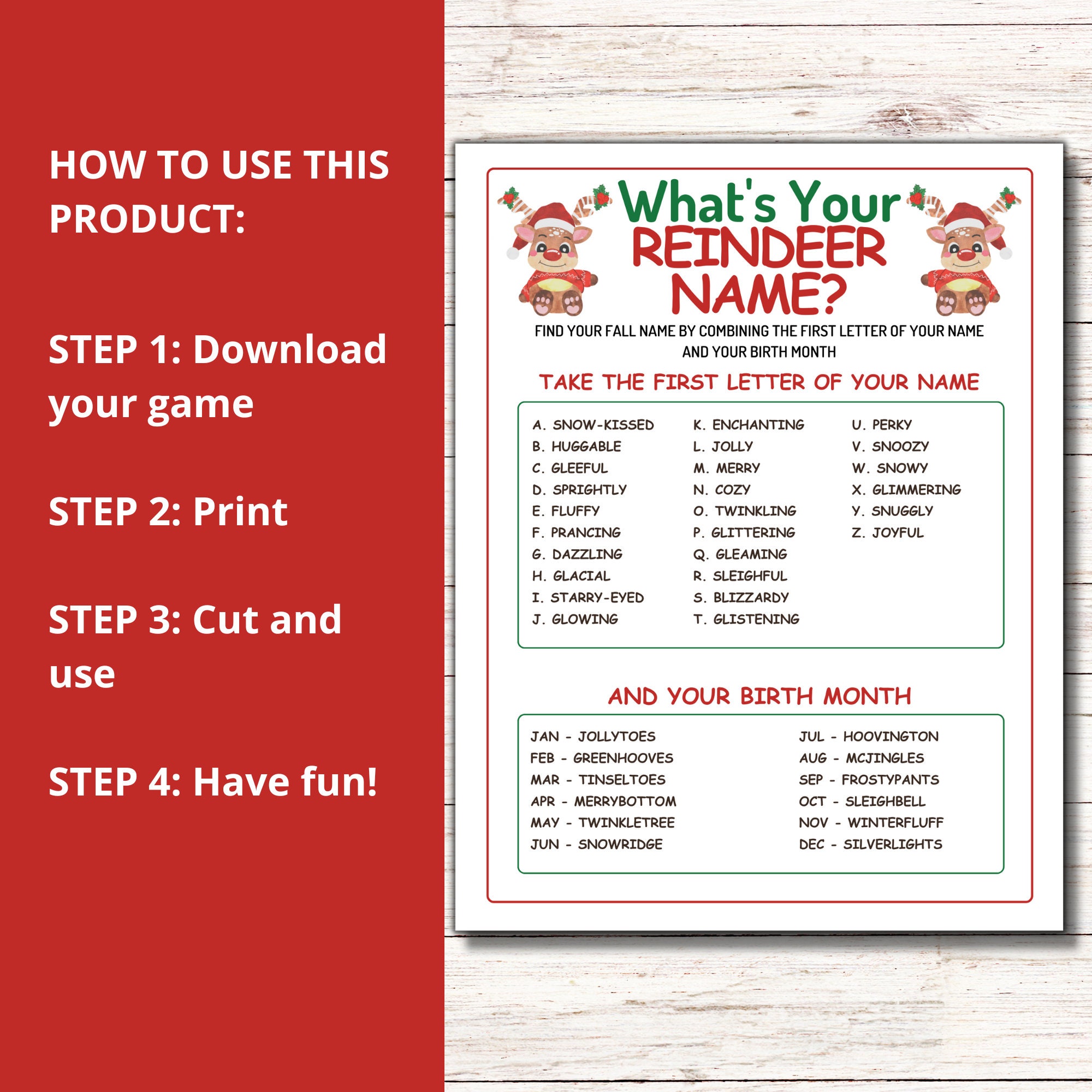 What's Your Reindeer Name Game, Printable Reindeer Name Generator Game