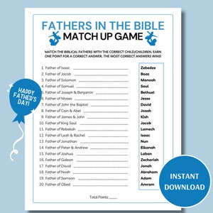 Padri nella Bibbia Gioco di abbinamento per la festa del papà, Trivia stampabile per la festa del papà, Gioco per la festa del papà cristiano