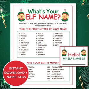 What&#39;s Your Elf Name Game, Printable Elf Name Generator Game, Fun Christmas Activity for Adults and Kids, Elf Name Tags