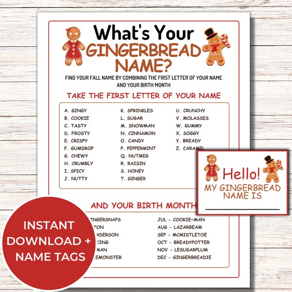 What's Your Gingerbread Name Game, Printable Gingerbread Name Generator Game, Fun Christmas Game for Adults & Kids, Gingerbread Name Tags