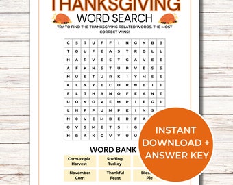 Thanksgiving Word Search Game, Printable Thanksgiving Games for Kids, Friendsgiving Games, Fun Thanksgiving Words Game for Family