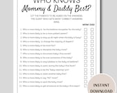 Who Knows Mommy and Daddy Best Baby Shower Game, Printable Who Knows The Parents to Be Best, Questions About The Parents Baby Shower Game