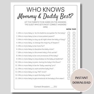 Who Knows Mommy and Daddy Best Baby Shower Game, Printable Who Knows The Parents to Be Best, Questions About The Parents Baby Shower Game