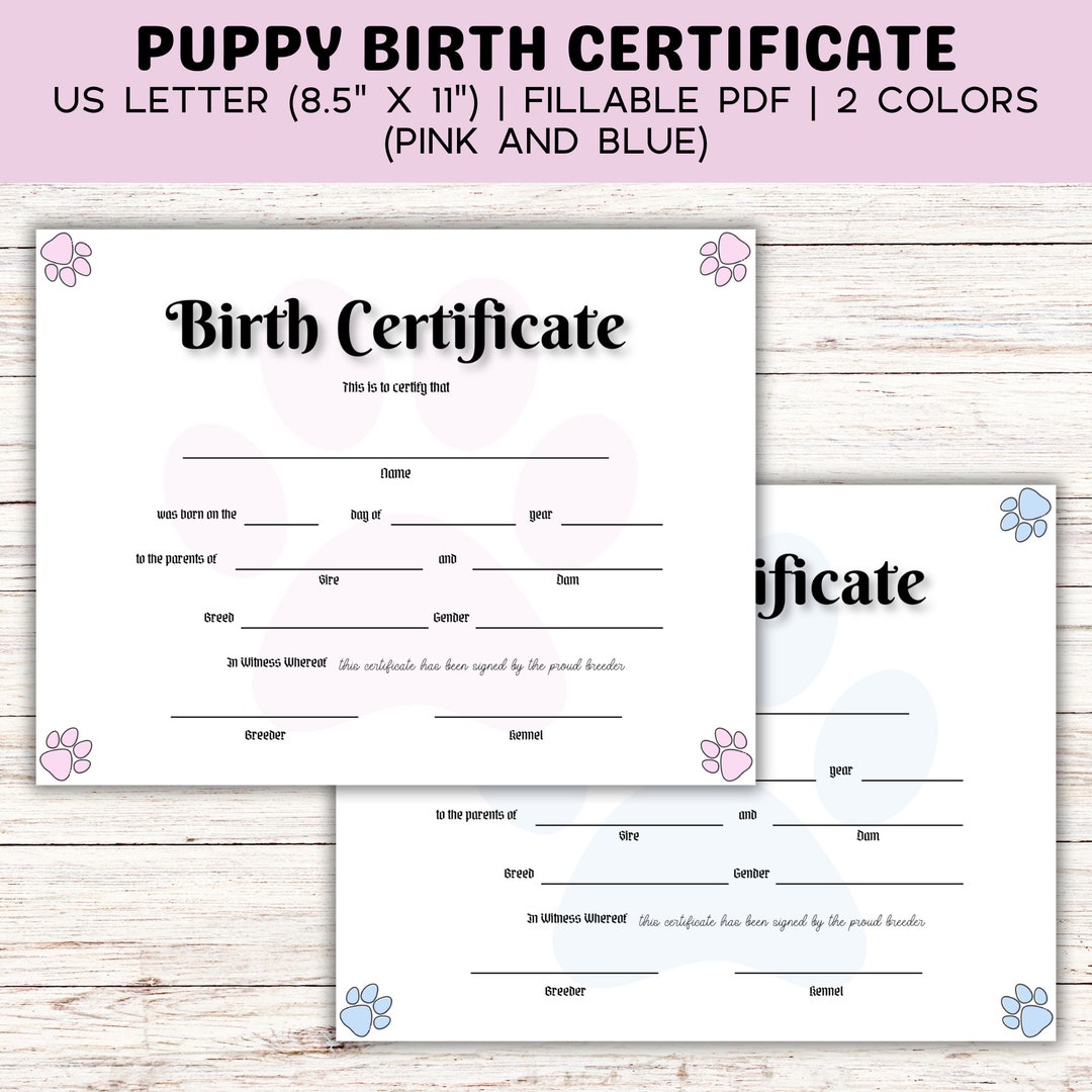 Puppy Birth Certificate Fillable PDF, Dog Birth Certificate, Pet Birth ...