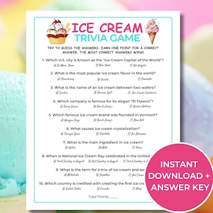 Ice Cream Trivia Game, Printable Ice Cream Party Game, Summer Activity for Kids and Adults, Ice Cream Themed Birthday