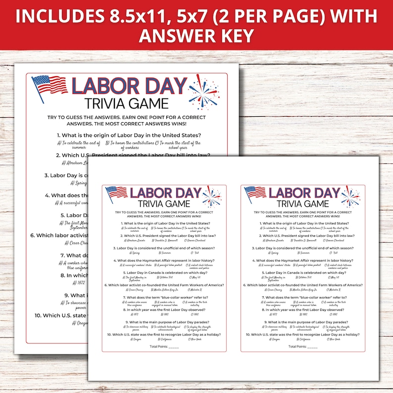 Labor Day Trivia Game, Printable Labor Day Party Game, Fun Labor Day