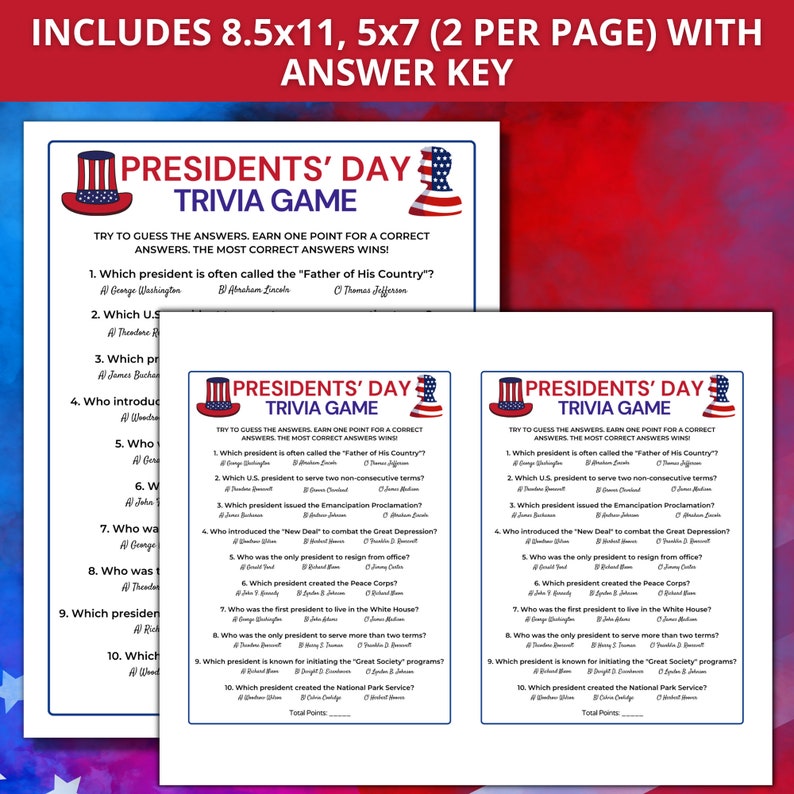 Presidents' Day Trivia Game, Printable Presidents Day Games, US