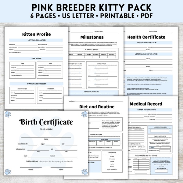 Breeder Cat Pack, Cat Breeder Forms, Kitten Breeder Records, Kitten Vaccination, Cat Vaccination, Cat Health Record, Printable PDF