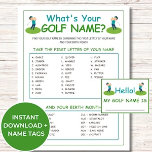 Was ist Ihr Golfnamenspiel mit Namensschildern, druckbares Golfnamen-Generator-Spiel, lustiges Golf-Themen-Party-Spiel für Kinder und Erwachsene