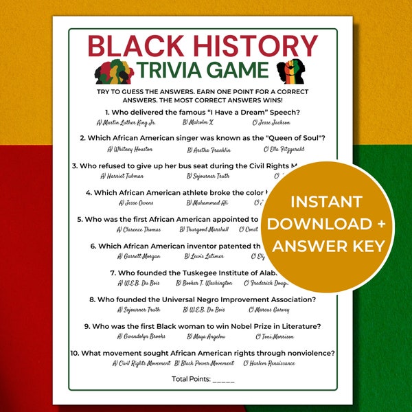 Black History Trivia Game, Printable Black History Month Game, Black History Activity for Kids and Adults, Black History Quiz