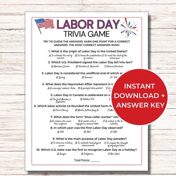 Labor Day Trivia Game, Printable Labor Day Party Game, Fun Labor Day Activity