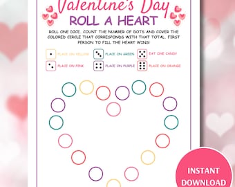 Valentine's Day Roll a Heart Game, Printable Valentines Dice Game, Fun Valentine's Game for Kids and Adults, Roll a Dice Game