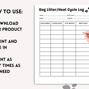 Dog Heat Cycle Log Sheet, Dog Breeder Forms, Canine Heat Cycle Record