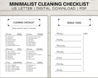 May include: A black and white printable cleaning checklist with a minimalist design. The checklist includes daily, weekly, and monthly tasks for different areas of the home, such as the bedroom, bathroom, kitchen, living room, and outdoors. The checklist also includes a bonus tasks section for additional cleaning activities.