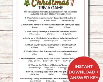May include: A printable Christmas trivia game with 10 questions. The questions are about Christmas traditions, songs, and symbols. The game is designed to be played with friends and family.
