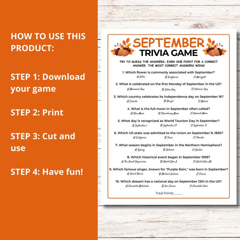 September Trivia Game, Printable September Quiz, Fall Party Games, Fall ...