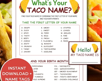What's Your Taco Name Game With Name Tags, Printable Taco Name Generator Game, Fun Taco Party Game for adults/kids, Cinco de Mayo, Fiesta,
