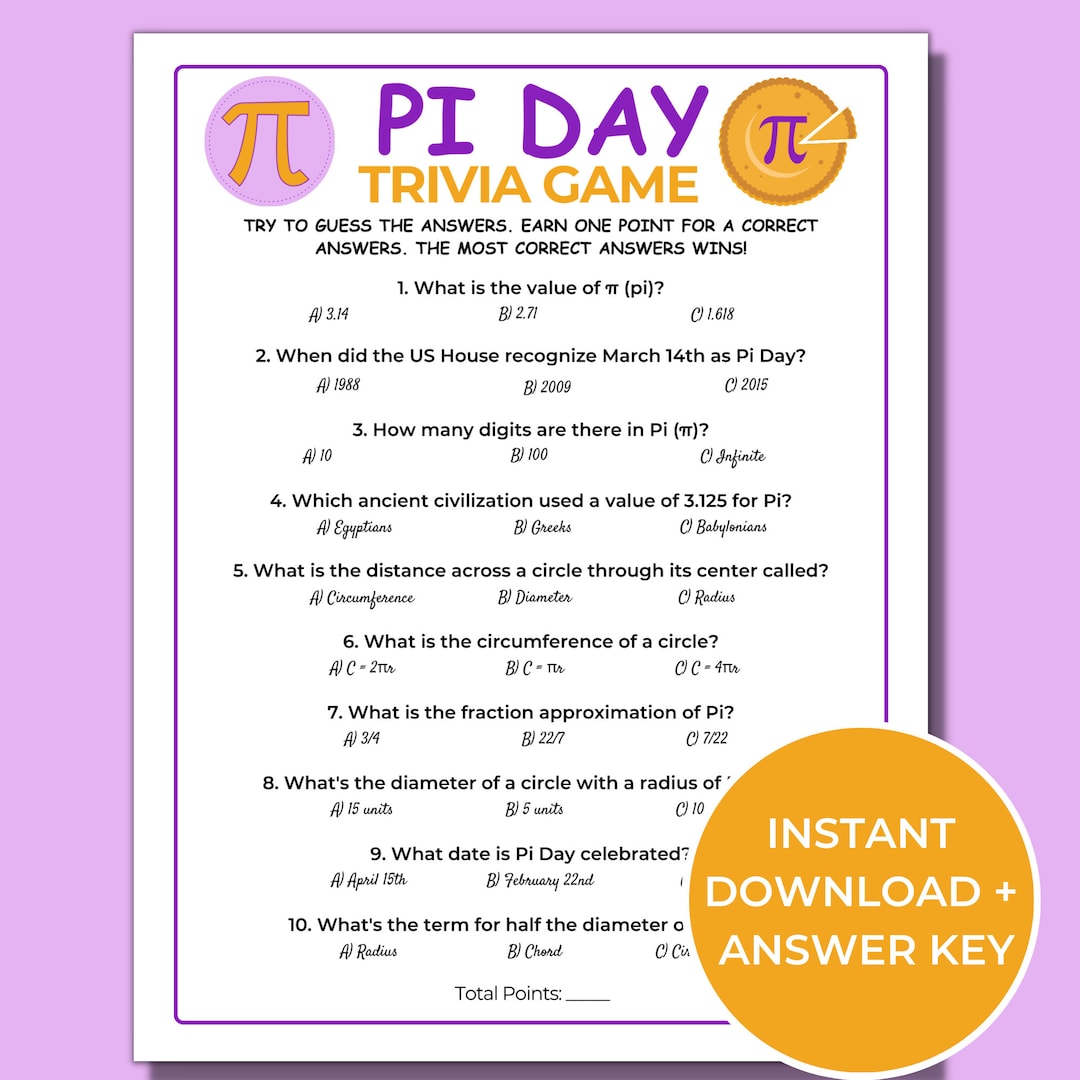 PI Day Trivia Game, Printable PI Day Game for Kids and Adults, Fun PI Day Activity Etsy