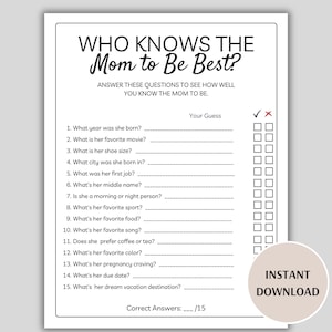 Who Knows the Mom to Be Best, Printable Baby Shower Games, Who Knows Mommy Best, Minimalist Baby Shower, How Well Do You Know Mom to Be