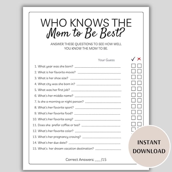 Who Knows the Mom to Be Best, Printable Baby Shower Games, Who Knows Mommy Best, Minimalist Baby Shower, How Well Do You Know Mom to Be