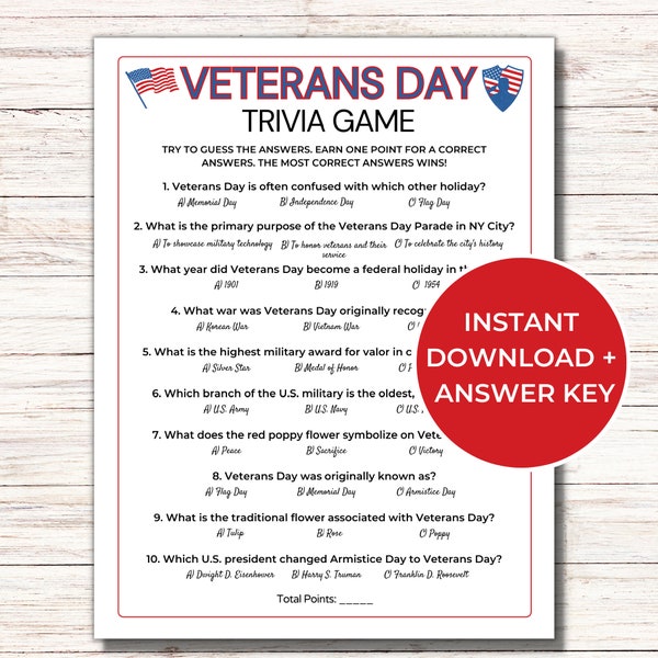 Veterans Day Trivia Game, Printable Veterans Day Games, Patriotic Games