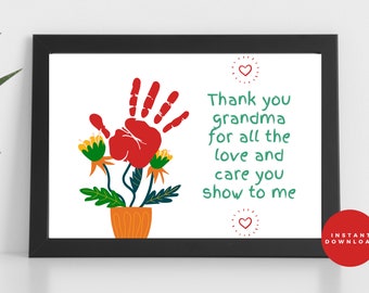 Puede incluir: Una tarjeta imprimible con una huella de mano roja y flores verdes en una maceta. El texto dice "Gracias abuela por todo el amor y el cuidado que me das".