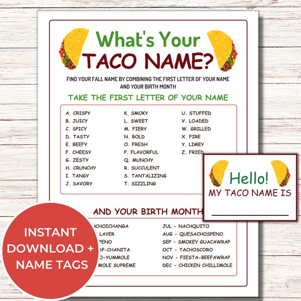 What's Your Taco Name Game With Name Tags, Printable Taco Name Generator Game, Fun Taco Party Game for adults/kids, Cinco de Mayo, Fiesta,