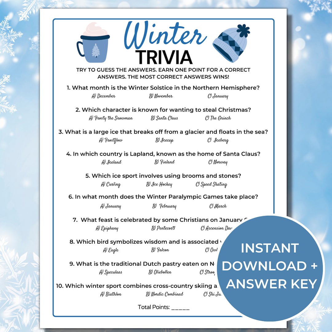 Winter Trivia Game, Printable Winter Games, Winter Holiday Game, Fun