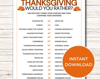 Thanksgiving Would You Rather Game, Printable Thanksgiving This or That Game for Family, Fun Thanksgiving Games for Adults and Kids