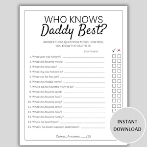 Who Knows Daddy Best Game, Printable Baby Shower Games, Dad Quiz, How Well Do You Know Daddy to Be, Daddy Trivia Game