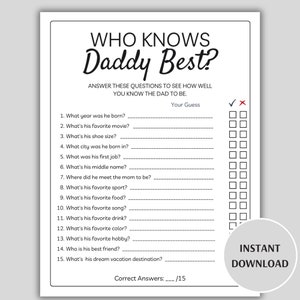 Who Knows Daddy Best Game, Printable Baby Shower Games, Dad Quiz, How Well Do You Know Daddy to Be, Daddy Trivia Game